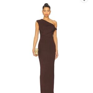 One-Shoulder Brown Evening Dress with Twist Detail